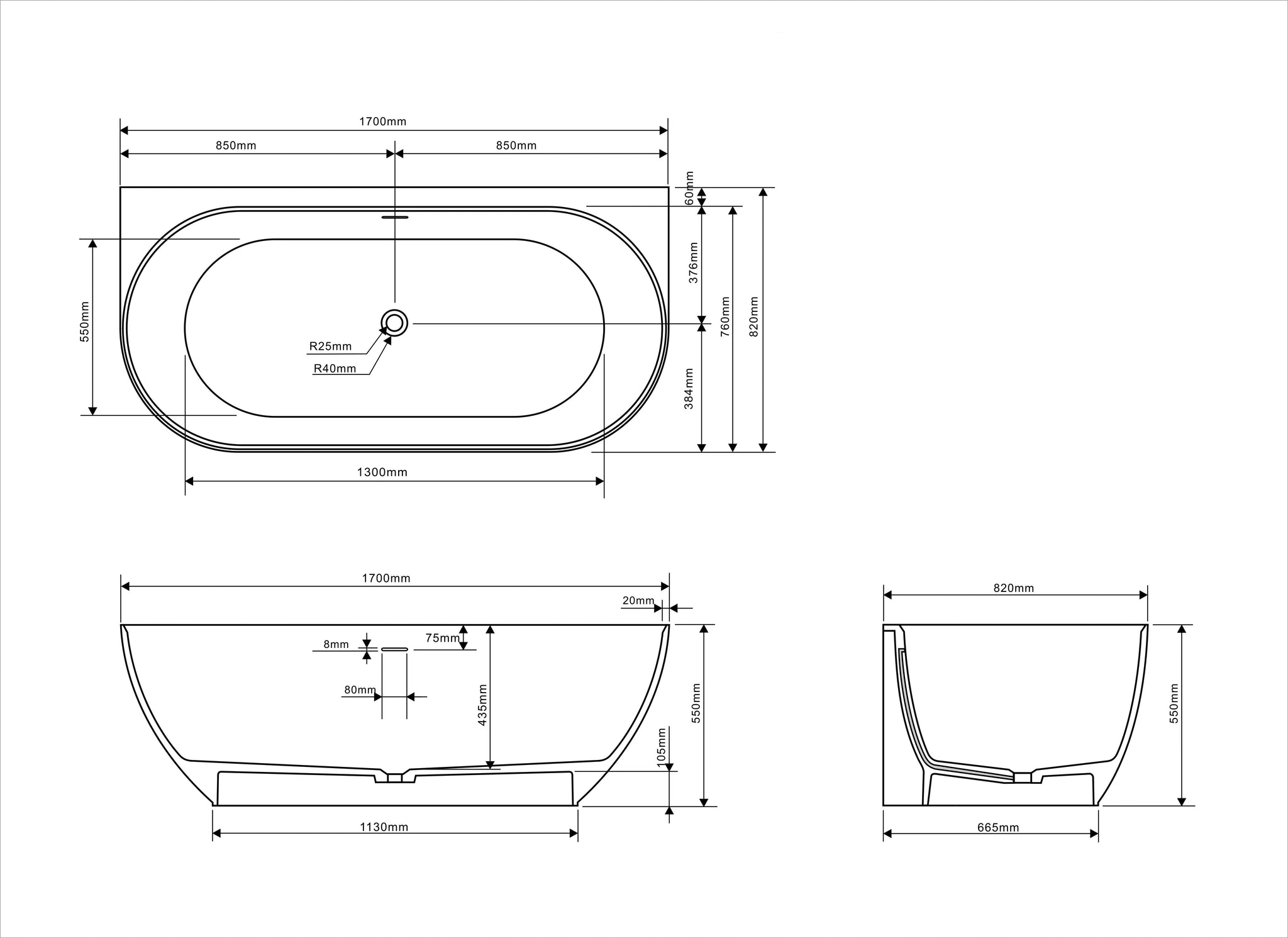 Justina Back-to-wall stone bath 1700mm - ST12 1700 BW (G)