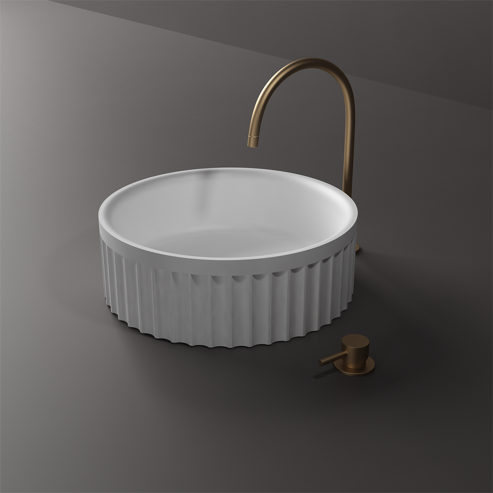 Toka Lite Venus Round Fluted Matte White Stone Basin - 430mm - STB86-2