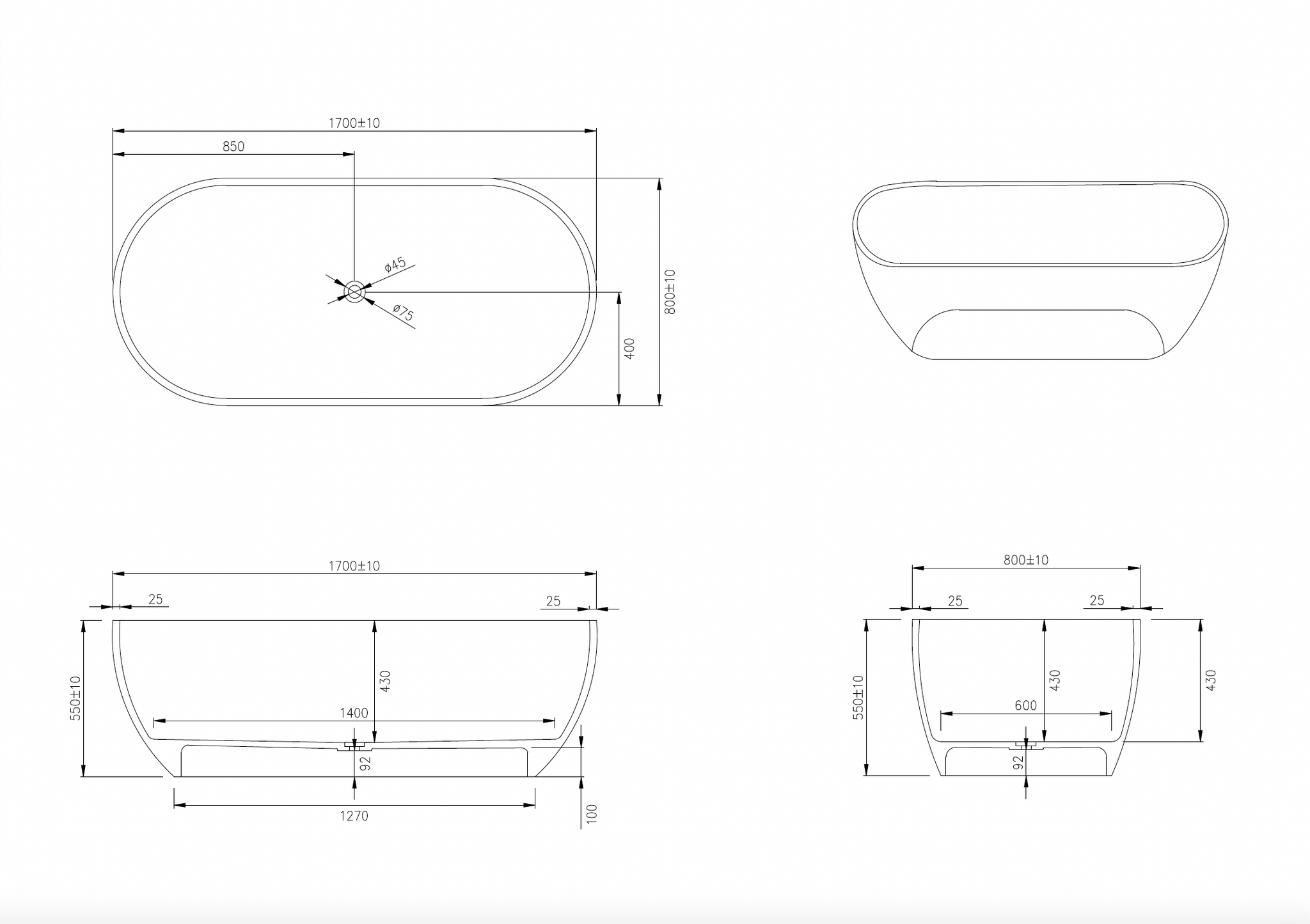 Justina Classic Stone Bath - Popular Design - 1700mm - ST12 1700