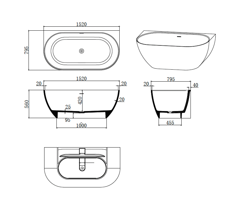 Justina Back-to-wall stone bath 1520mm - ST12 1520 BW
