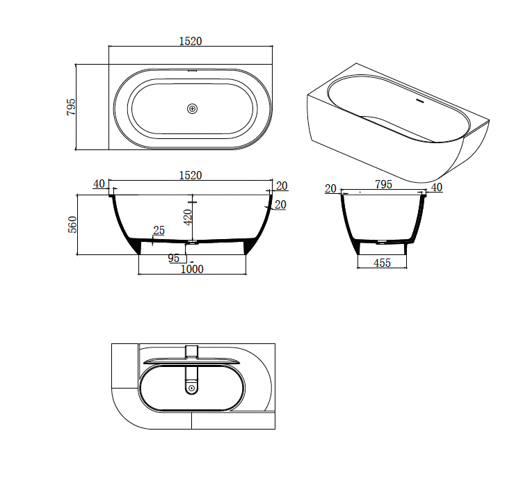 Justina Left Back-to-wall stone bath 1520mm - ST12 1520 LBW