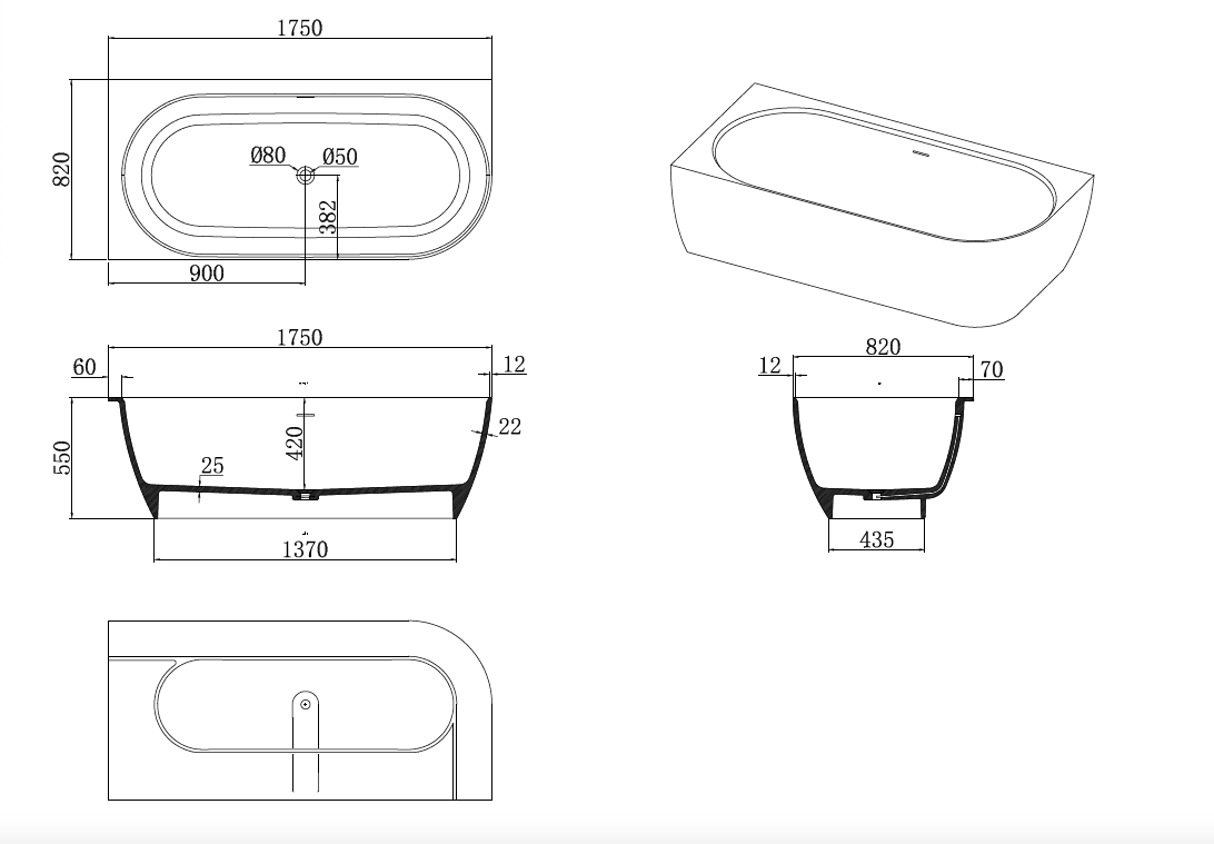 Justina Left Back-to-wall stone bath 1750mm - ST12 1750 LBW