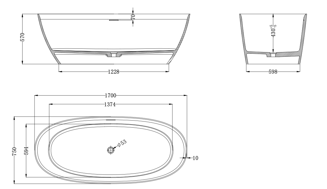 Elisabet Oval Freestanding Bath - 1700mm - Ov-8007 1700