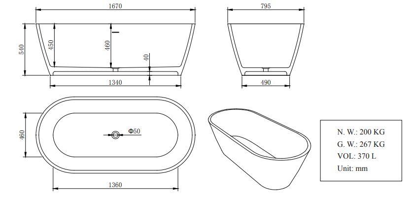 Hugi Mid-Sized Stone Bath - 1670mm - B041
