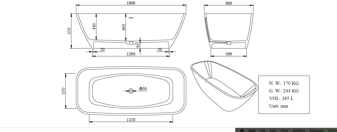 Hugi Stone Bath - Mid-Sized - 1810mm - B037