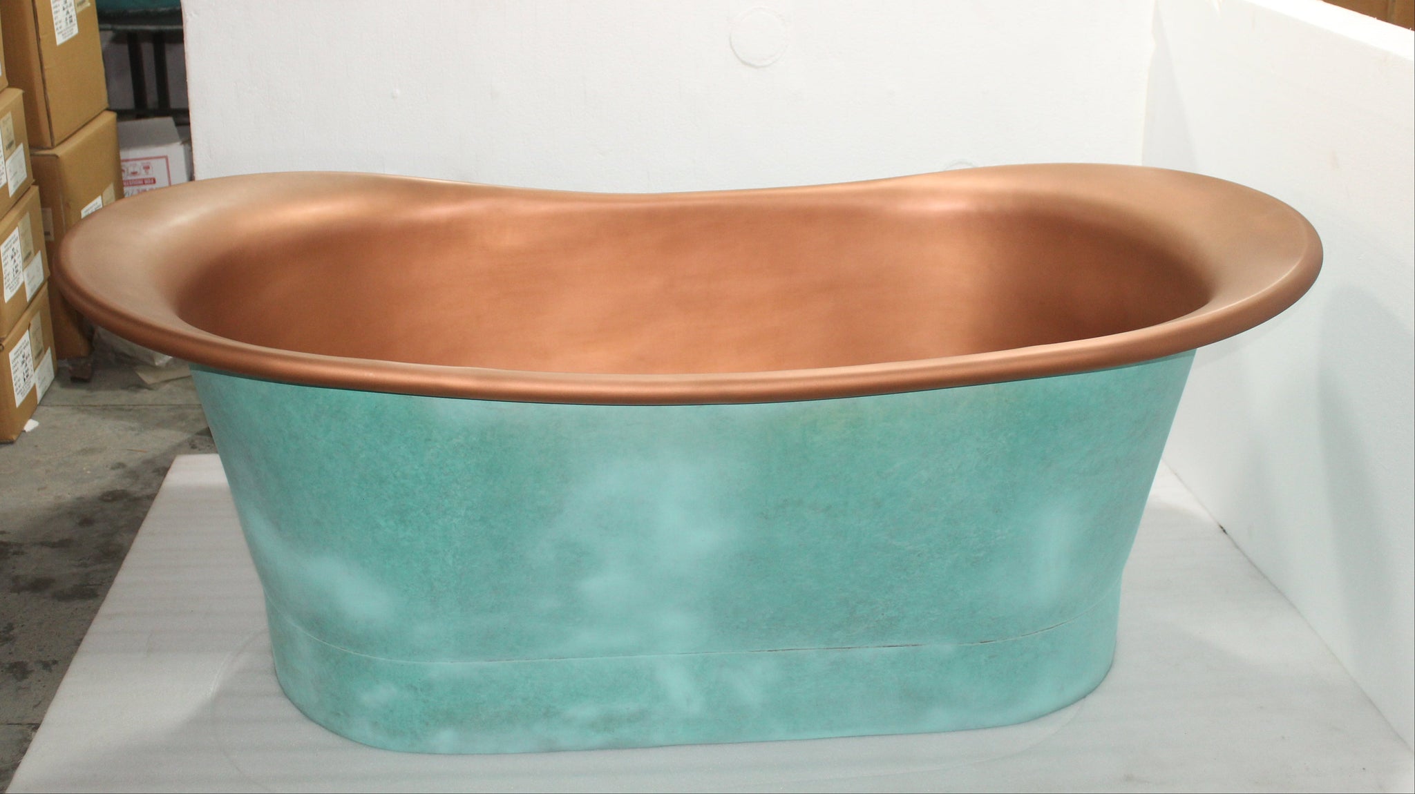 The Copper Bath Tub. Light Green Patina Copper Bath. Stonebaths.