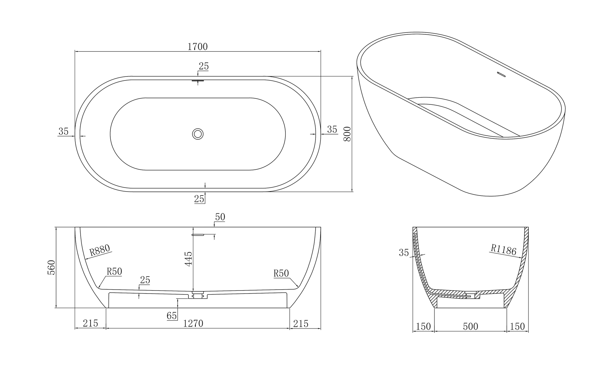 Kaha Stonebaths Classic Bath - 1700mm - KH019 1700