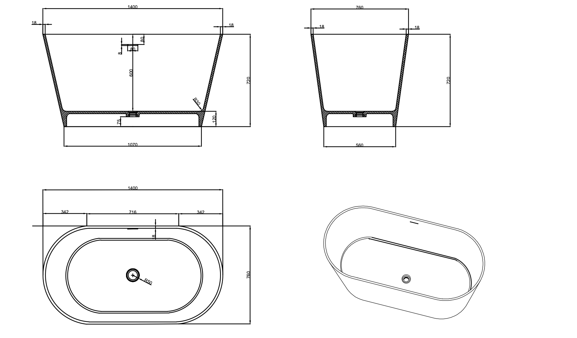 Barcelona Deep Soak Bath - 1400mm - Matt White
