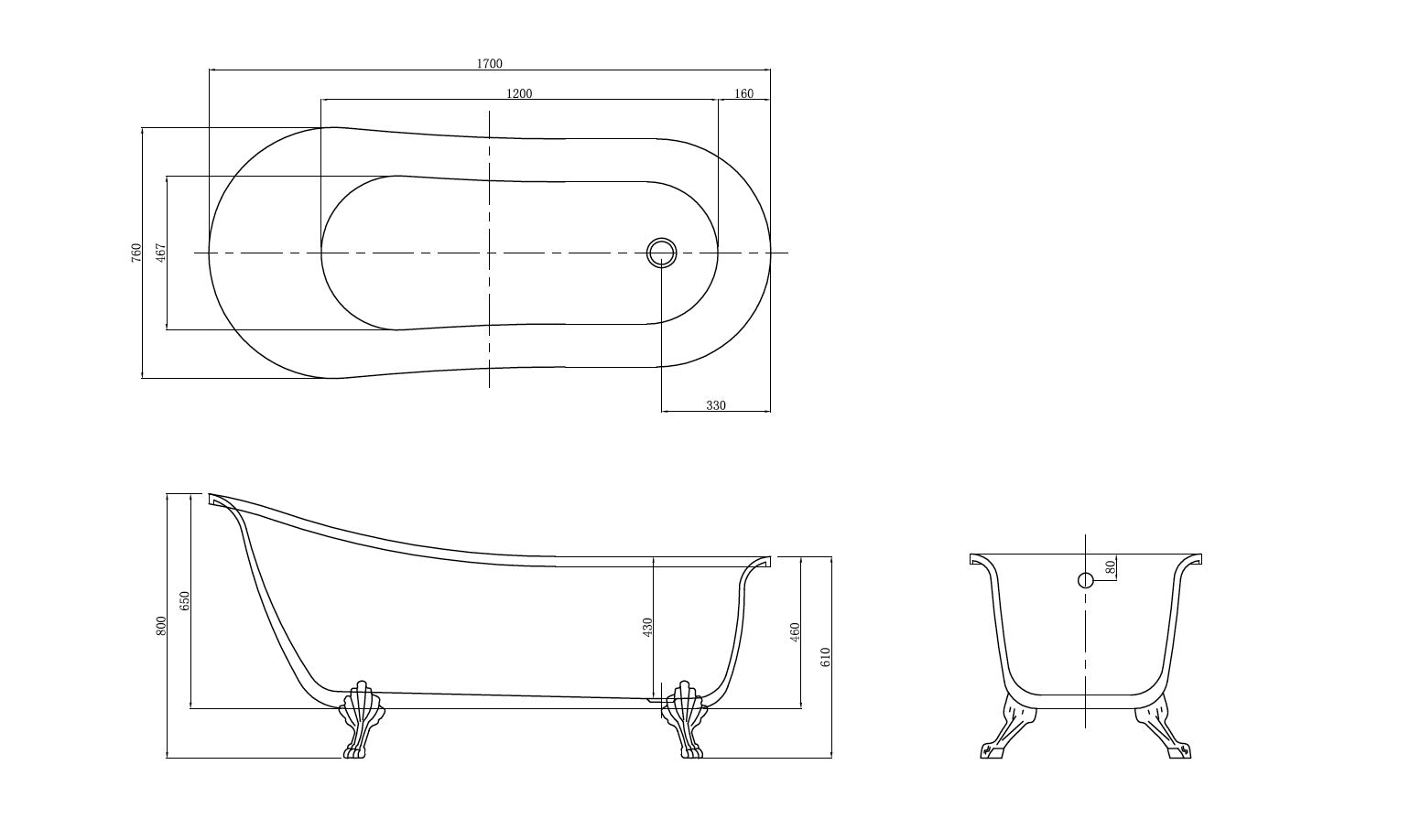 Cardiff-B 1700 - Freestanding Clawfoot Acrylic Bath