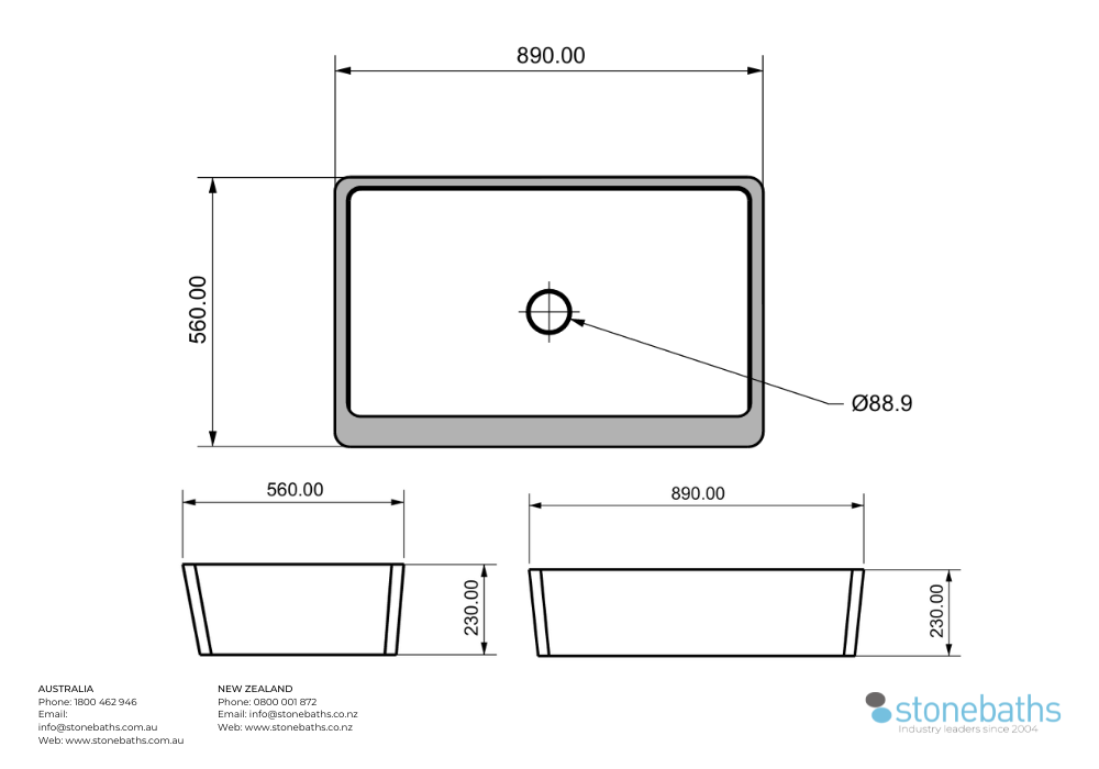 Copper Patina Basin Rectangle 890mm Spec Sheet