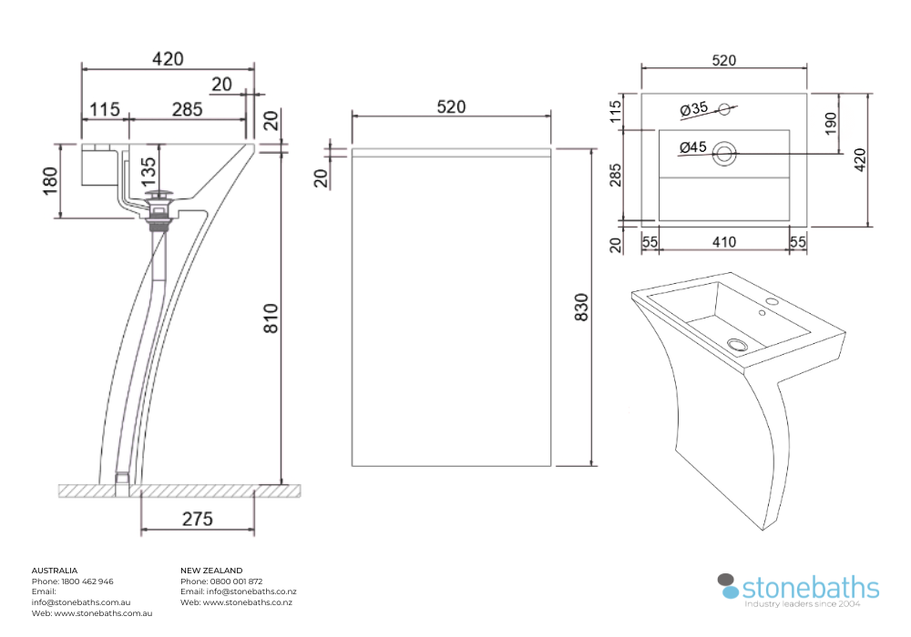 Hugi Solid Freestanding Stone Basin - Commercial or Powder Room - 830mm - B1393-1