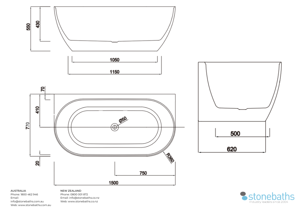 Kaha Acrylic Bathtub - 1500mm