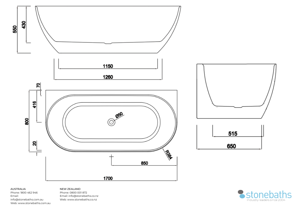 Kaha Acrylic Bathtub - 1700mm