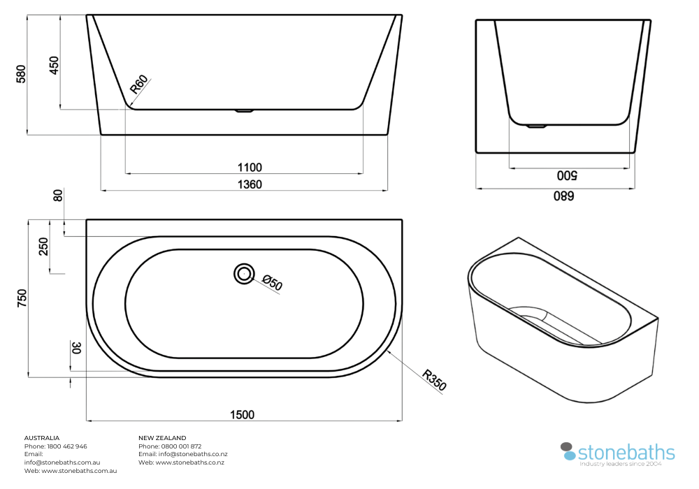 Kaha Acrylic Bathtub - 1500mm