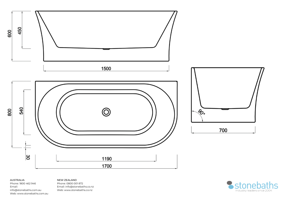 Kaha Acrylic Bathtub - 1700mm