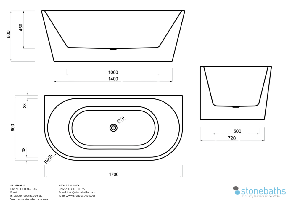 Kaha Acrylic Bathtub - 1700mm