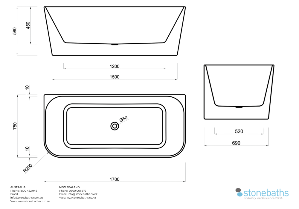 Kaha Acrylic Bathtub - 1700mm