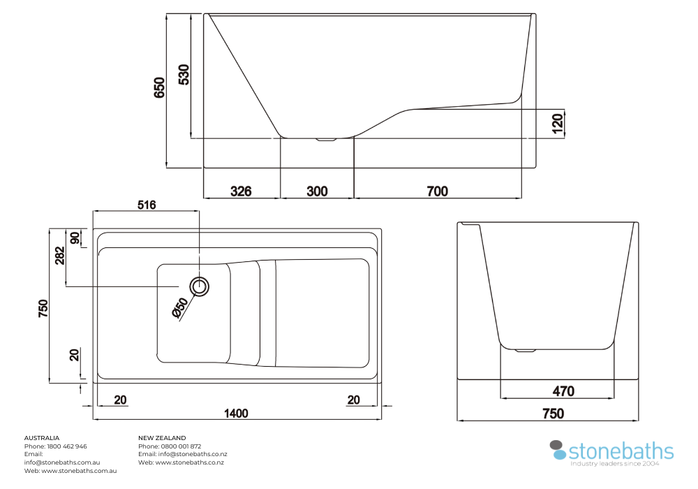 Kaha Acrylic Bathtub - 1400mm