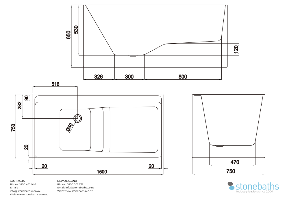 Kaha Acrylic Bathtub - 1500mm
