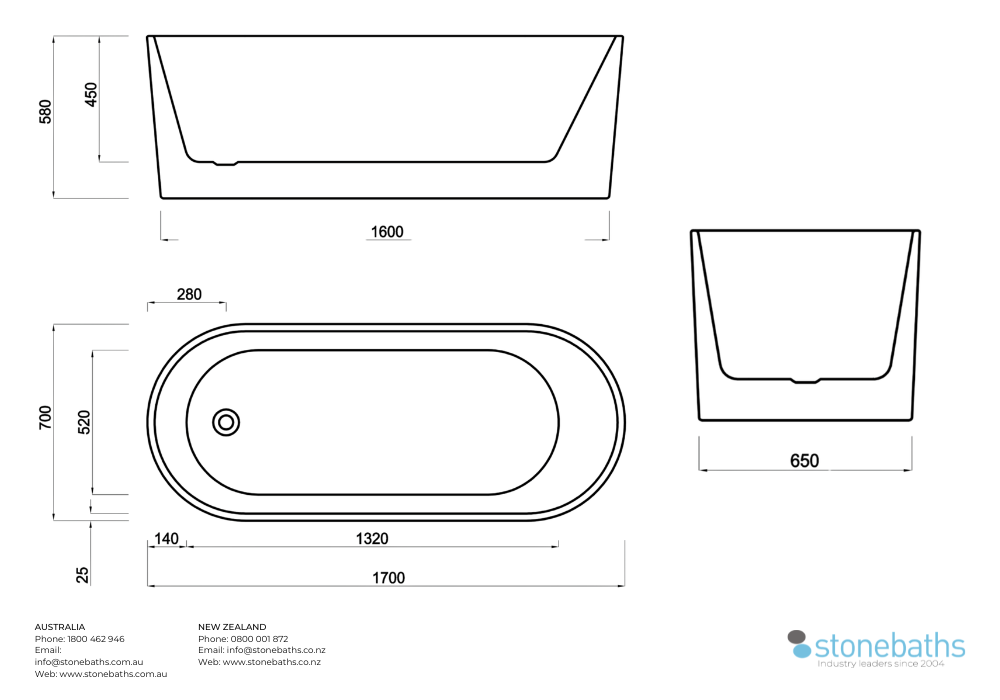 Kaha Acrylic Bathtub - 1700mm