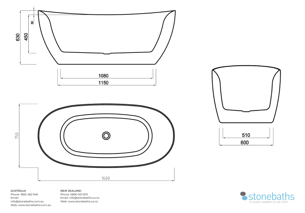 Kaha Acrylic Bathtub - 1600mm