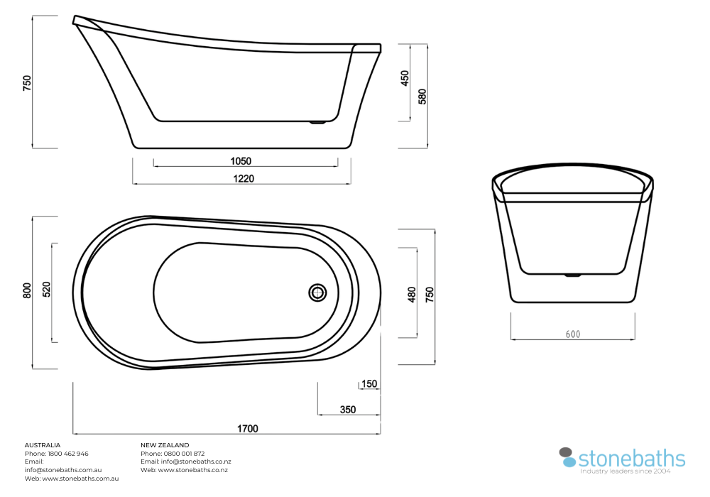Kaha Acrylic Bathtub - 1700mm