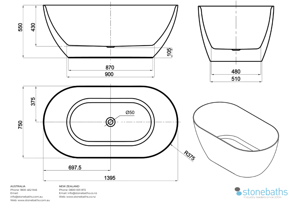 Kaha Acrylic Bathtub - 1395mm