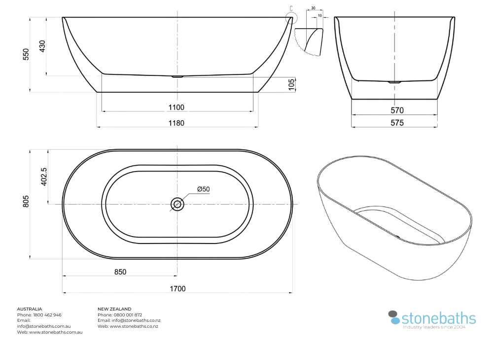 Kaha Acrylic Bathtub - 1700mm