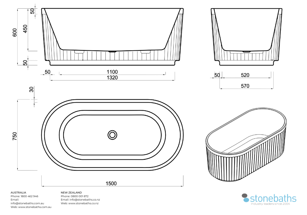 Kaha Acrylic Bathtub - 1500mm