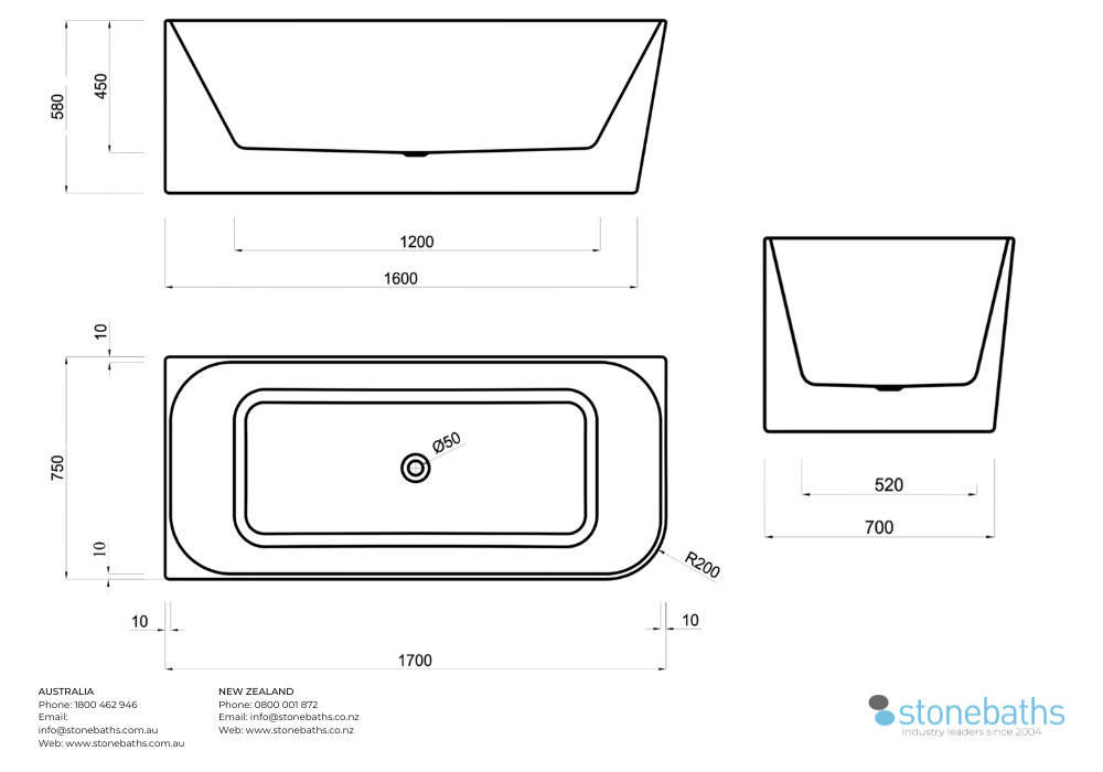 Kaha Acrylic Bathtub - 1700mm