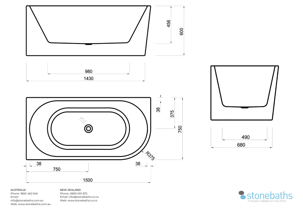 Kaha Acrylic Bathtub - 1500mm