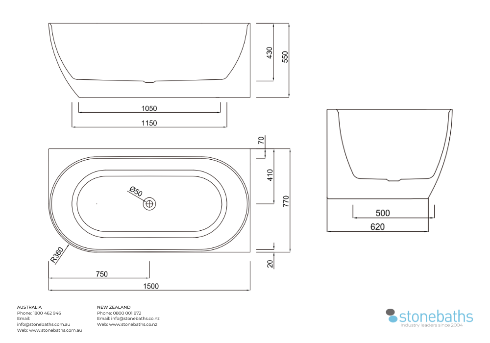 Kaha Acrylic Bathtub - 1500mm