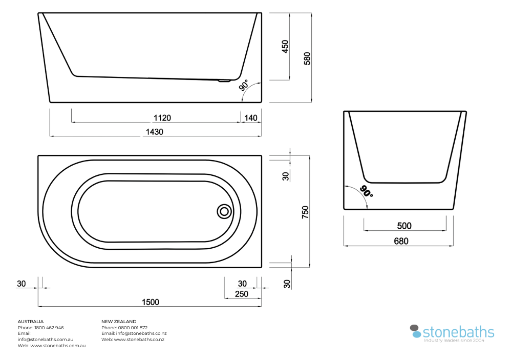 Kaha Acrylic Bathtub - 1500mm