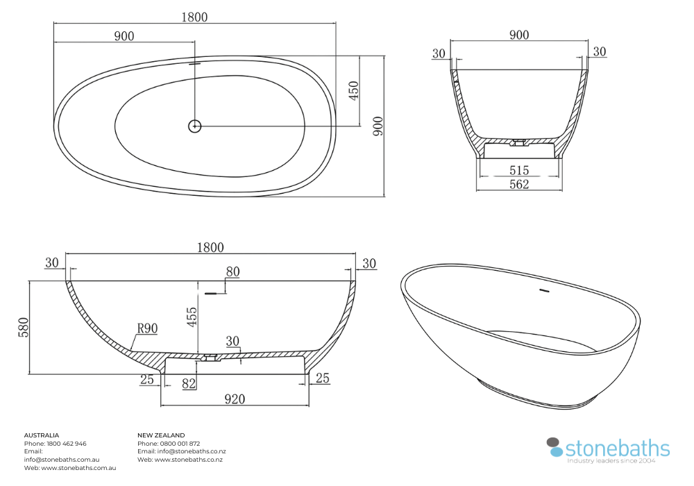 Kaha Stonebaths Bathtub 1800