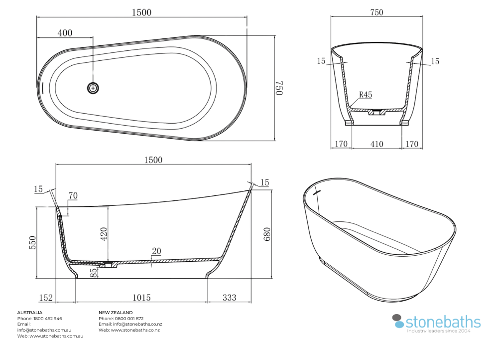 Kaha Stonebaths Bathtub 1500