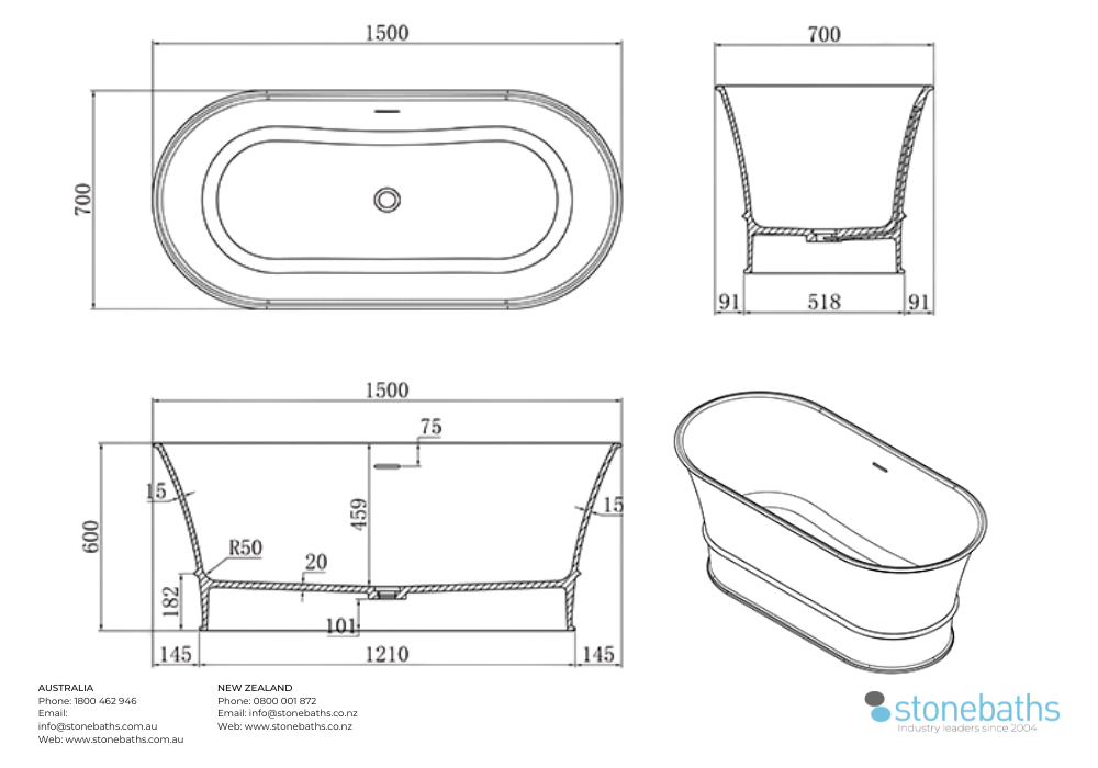 Kaha Stonebaths Bathtub 1500