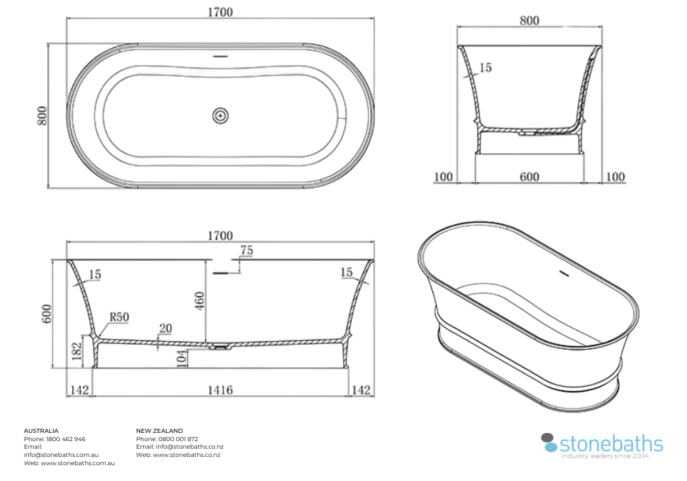 Kaha Stonebaths Bathtub 1700