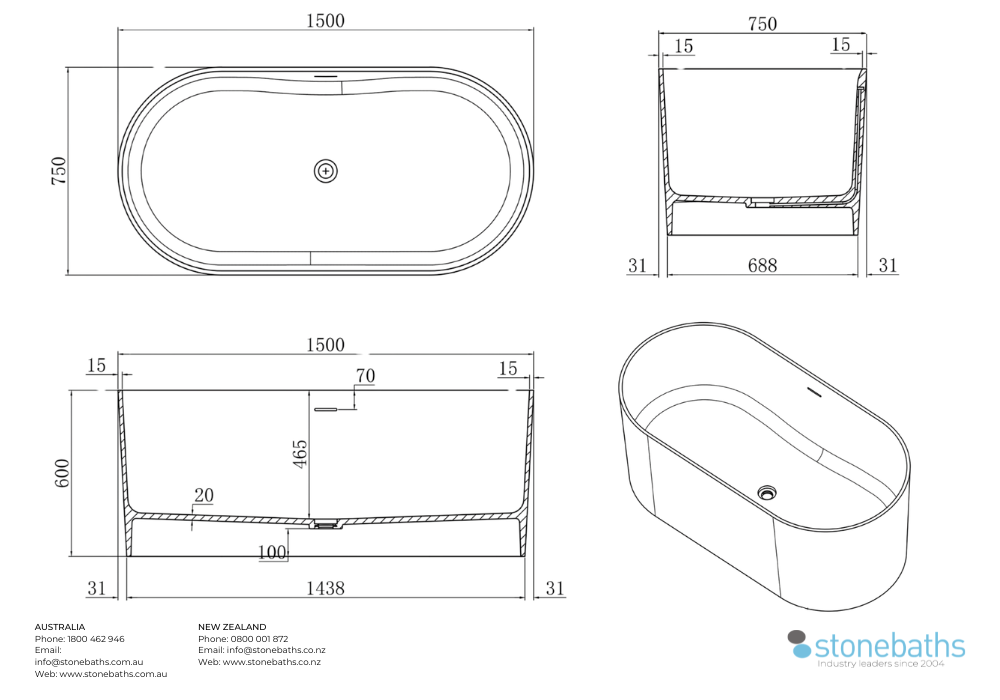 Kaha Stonebaths Bathtub 1500
