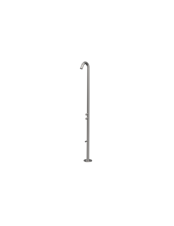 Brushed niickel stainless steel outdoor shower with foot wash. Marine grade 316L stainless steel. Toka Tapware. Stonebaths.