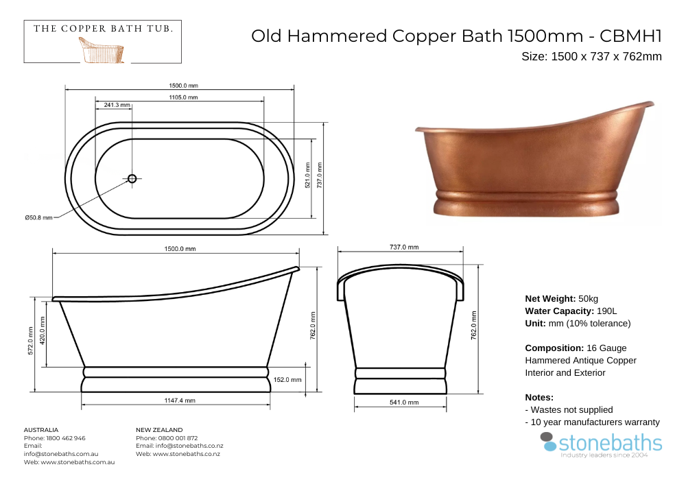 Old Hammered Copper, Slipper Smooth 1500mm - CBMH1
