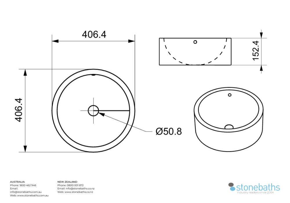  Over-Counter Round Copper Basin 406mm Spec Sheet