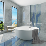 Modern acrylic bathroom with a freestanding bathtub, gray walls, and large windows overlooking a scenic view.