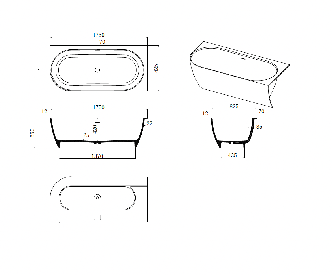 Justina Right Back-to-wall stone bath 1750mm - ST12RBW