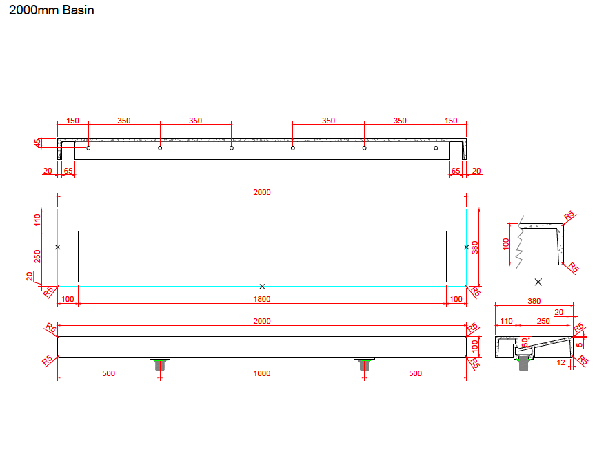 Junior Access 2000mm Wall Hung Stone Basin