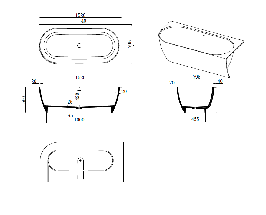 Justina Right Back-to-wall stone bath 1520mm - ST12 1520 RBW