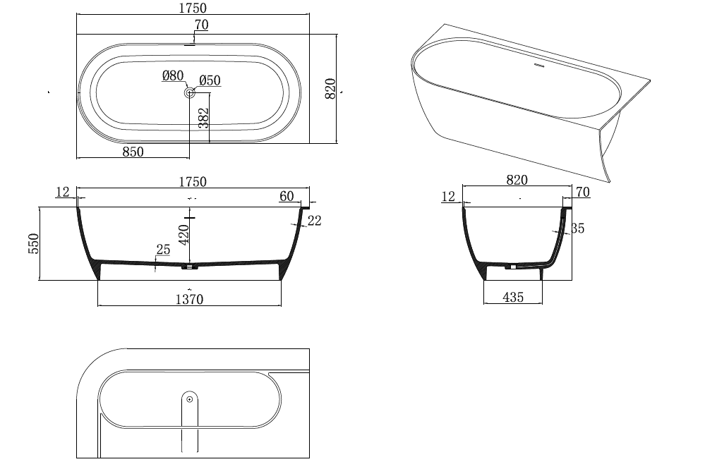 Justina Right Back-to-wall stone bath 1750mm - ST12 1750 RBW