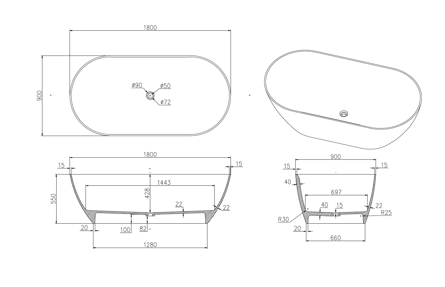 Justina Slimline Large Bath - 1800mm - ST12 1800 T