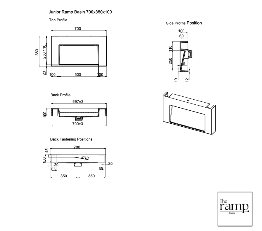 The Ramp  Junior 100 Basin 700mm Wall Hung Stone Basin