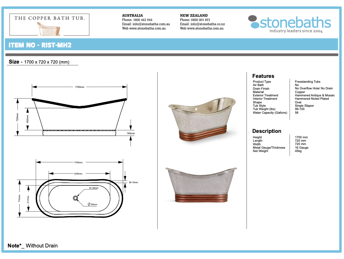 Copper, White and Silver Double Slipper Bath 1700mm - CBMH2-D67