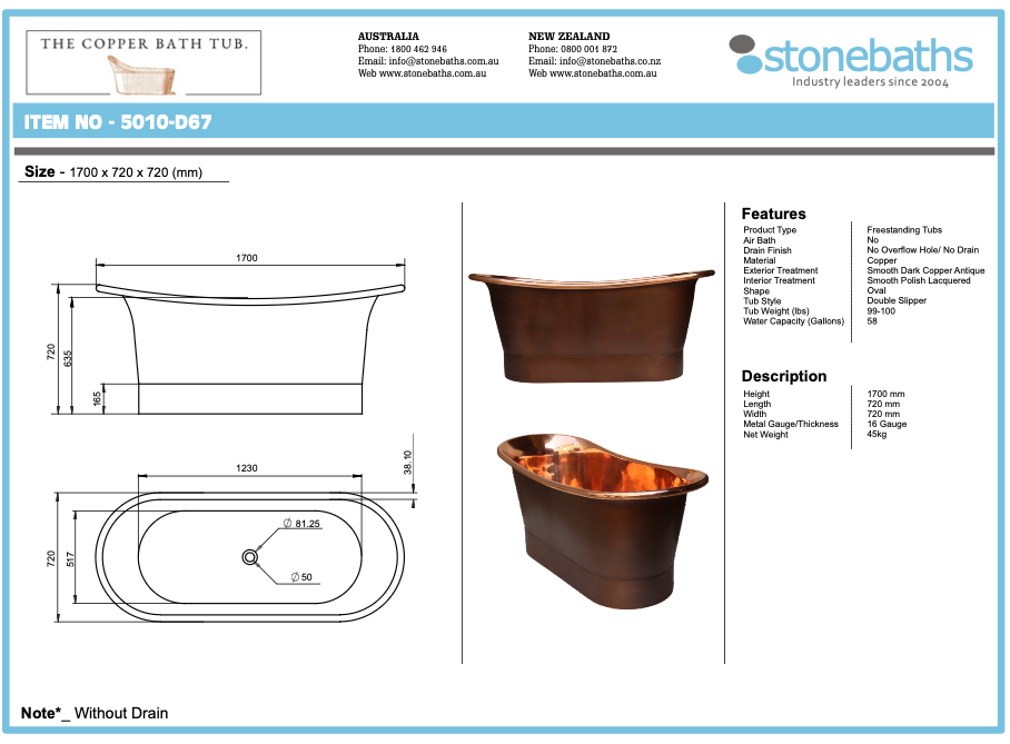 Dark Polished Copper, Double Hammered Slipper Bath 1700mm - CB5010-D67